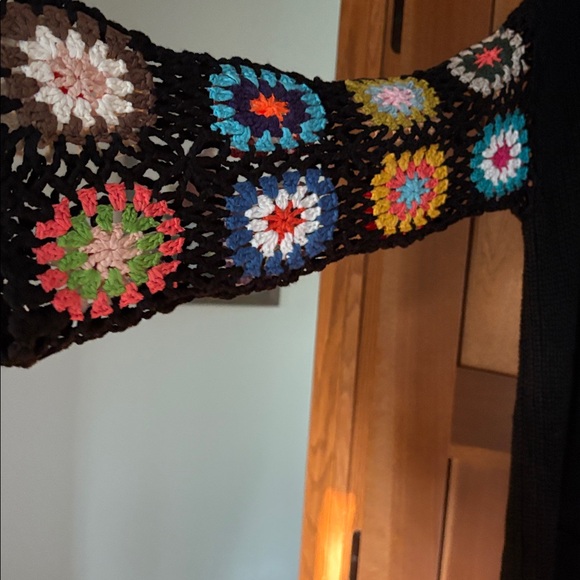 NWOT Black Cardigan with Multicolor granny square arms - Picture 2 of 5